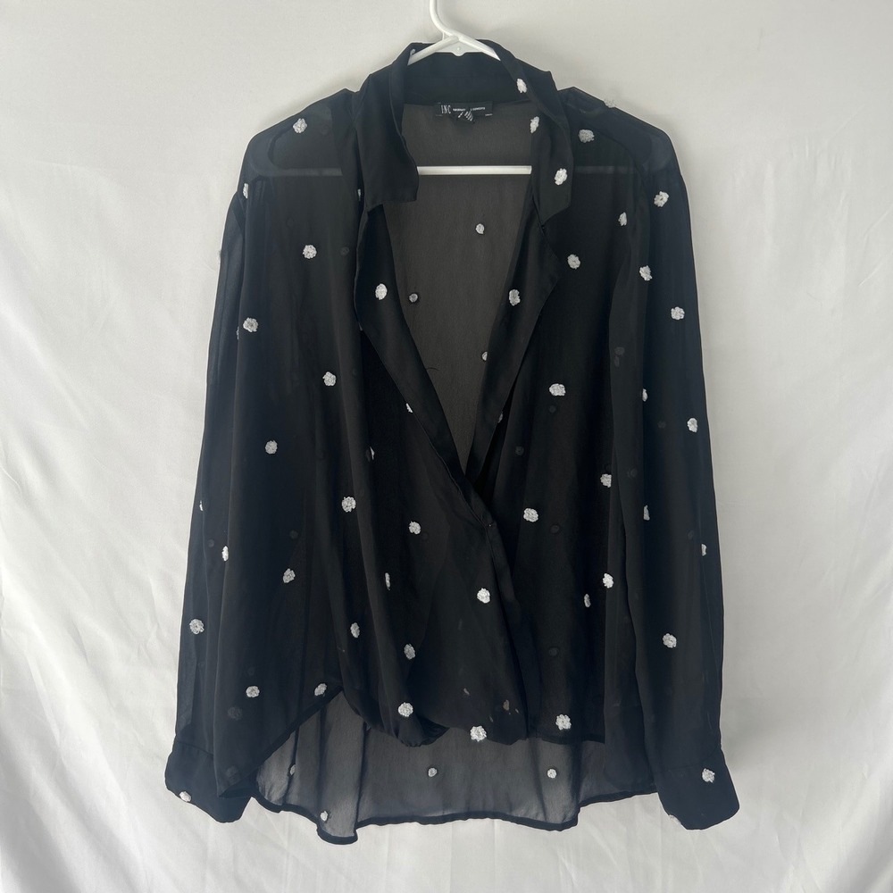INC International Concepts Sheer Black White Polka Dot Wrap Blouse Top 2X